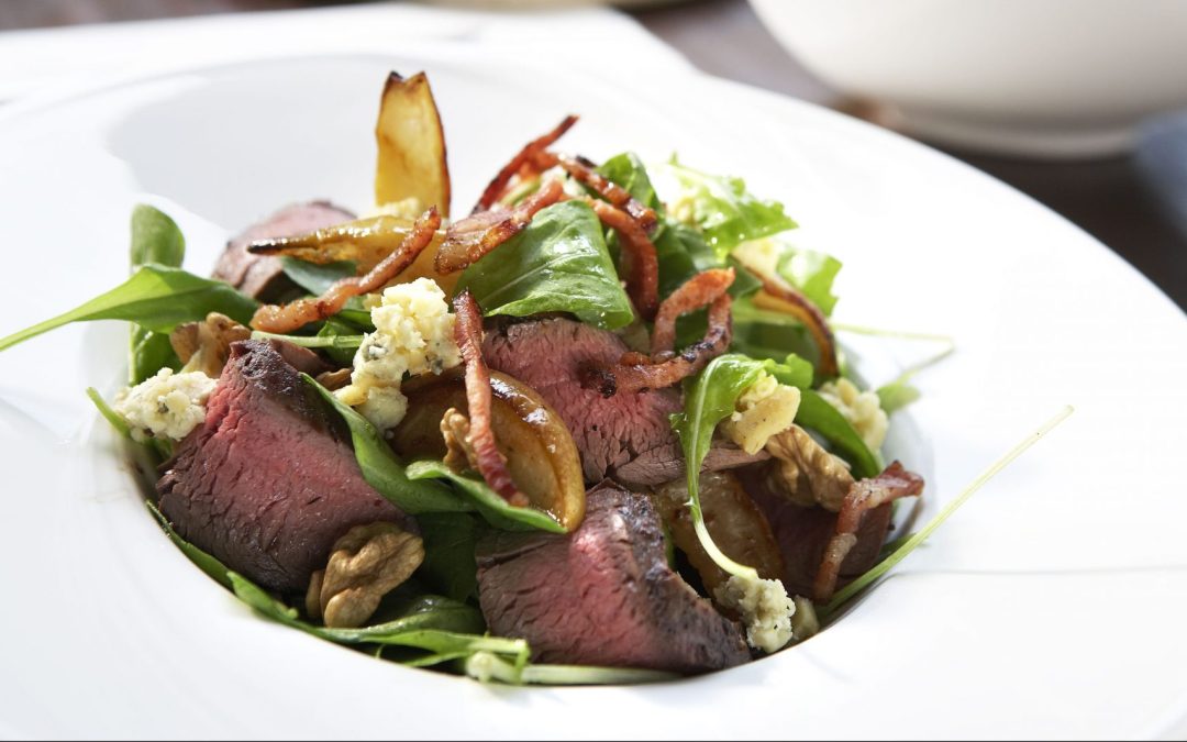 Cervena Tenderloin With Grilled Pears And Fresh Walnuts On Rocket Salad With Gorgonzola Dressing_Tenderloins_Cervena_Graham Brown_Photo