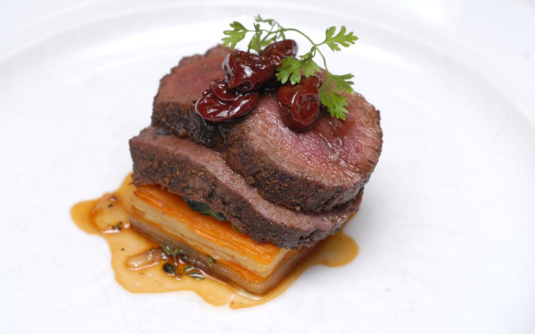 Shiitake dusted loin of Cervena venison with sweet potato dauphinois
